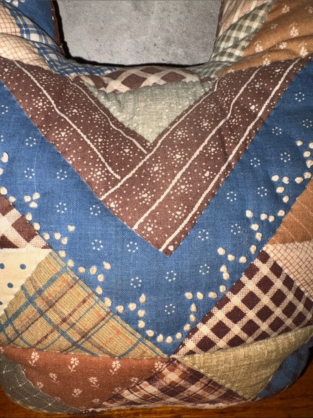 Vintage 90s Patchwork Quilted Chicken  Accent Pillow in Blue and Brown Handmade